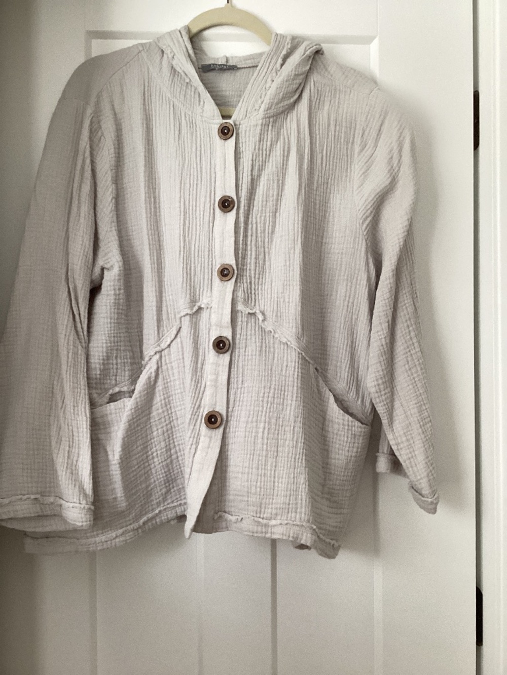 Habitat Womens Top Large Gray Button Front Long Sleeve Hooded Gauzy